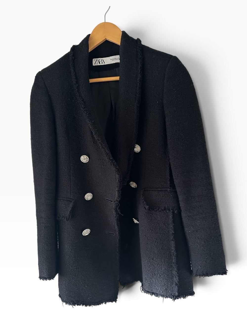 Zara Black Women’s Double-Breasted Frayed-Trim Blazer Silver Tone Buttons